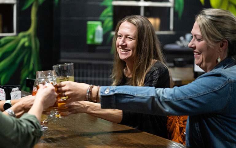 A group of women raise glasses in a toast.